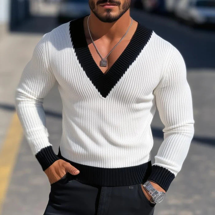 Herren eleganter V-Ausschnitt Pullover mit Rippstruktur Aliams
