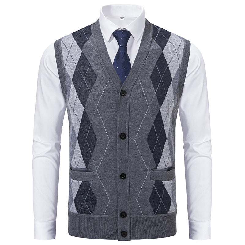 Herren elegante Strickweste mit klassischem Rautenmuster und praktischen Taschen Aliams