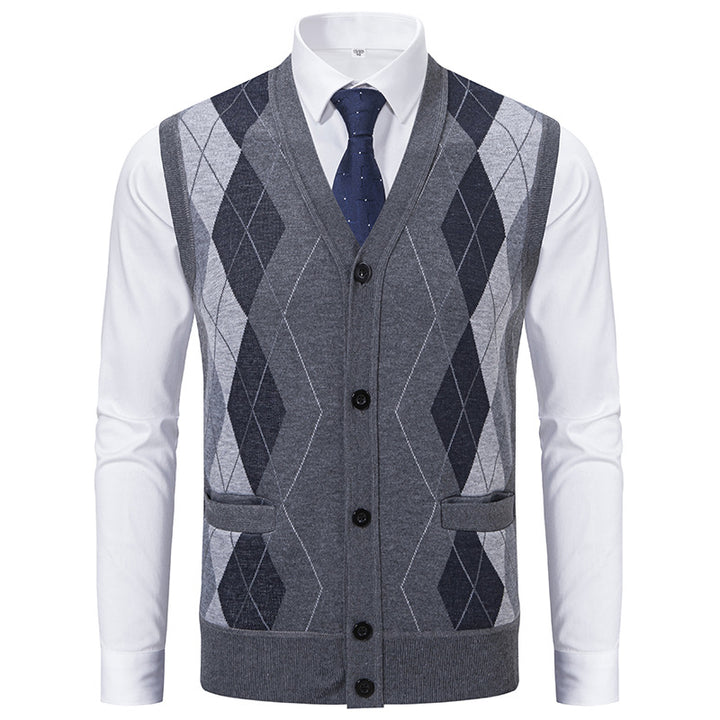 Herren elegante Strickweste mit klassischem Rautenmuster und praktischen Taschen Aliams