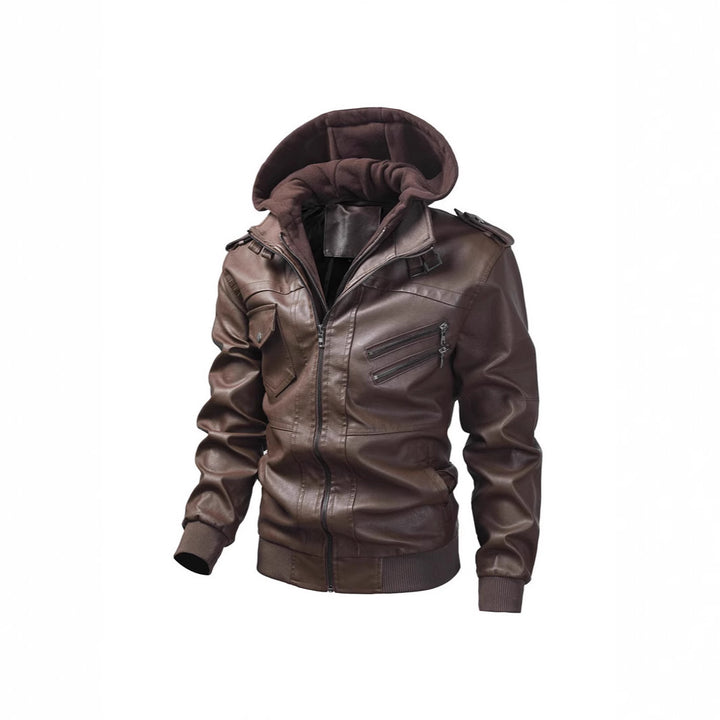 Herren Kunstlederjacke mit abnehmbarer Kapuze und Multifunktions-Taschen Aliams
