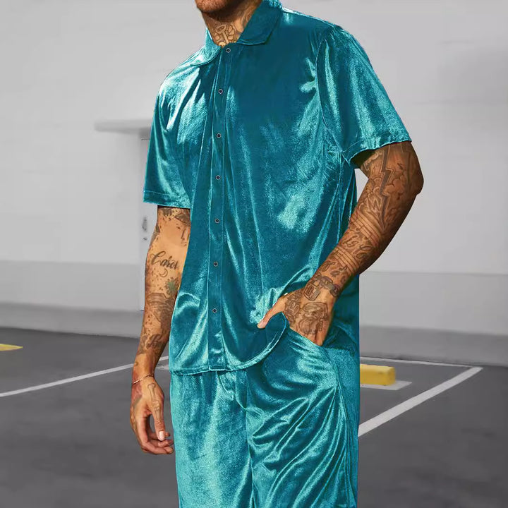 Herren Kurzarm-Hemd und Shorts-Set aus luxuriösem Samt Aliams