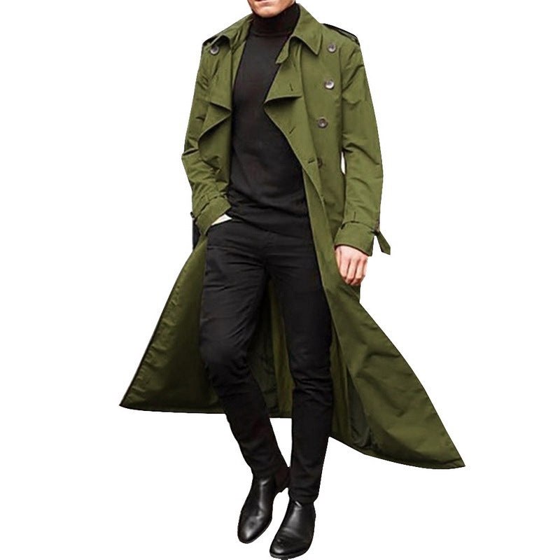 Herren eleganter Trenchcoat mit tiefem Revers und verdeckten Knöpfen Aliams