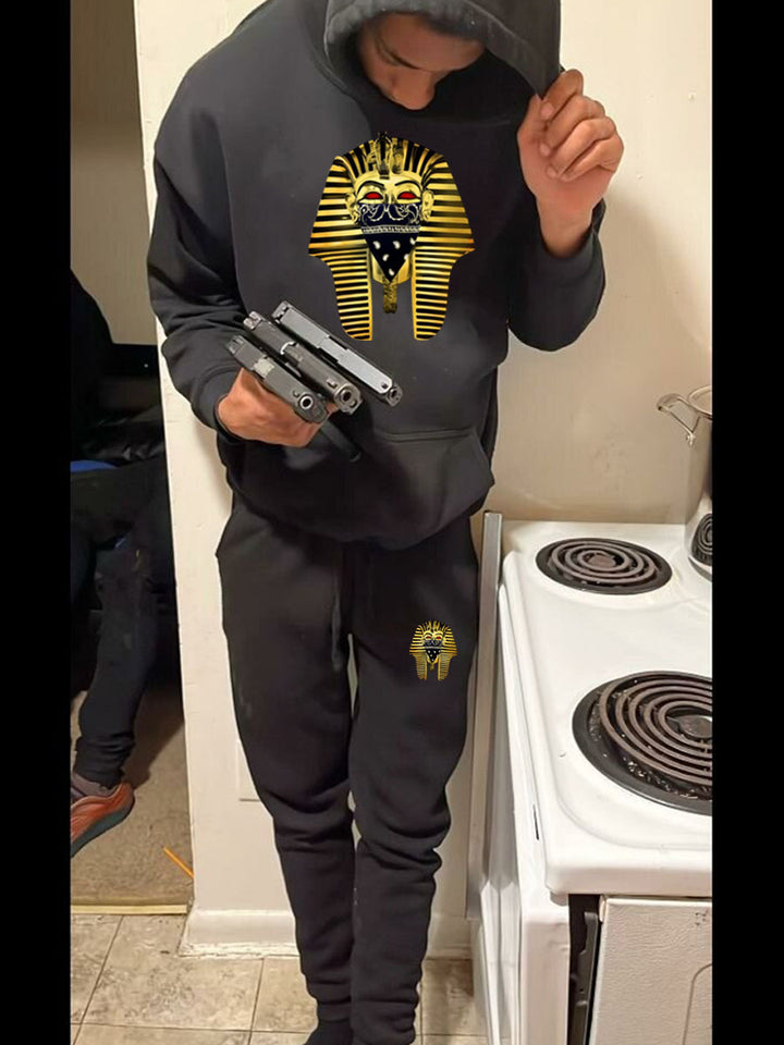 Herren Kapuzenpullover und Jogginghose Set mit künstlerischem Pharaonen-Motiv Aliams