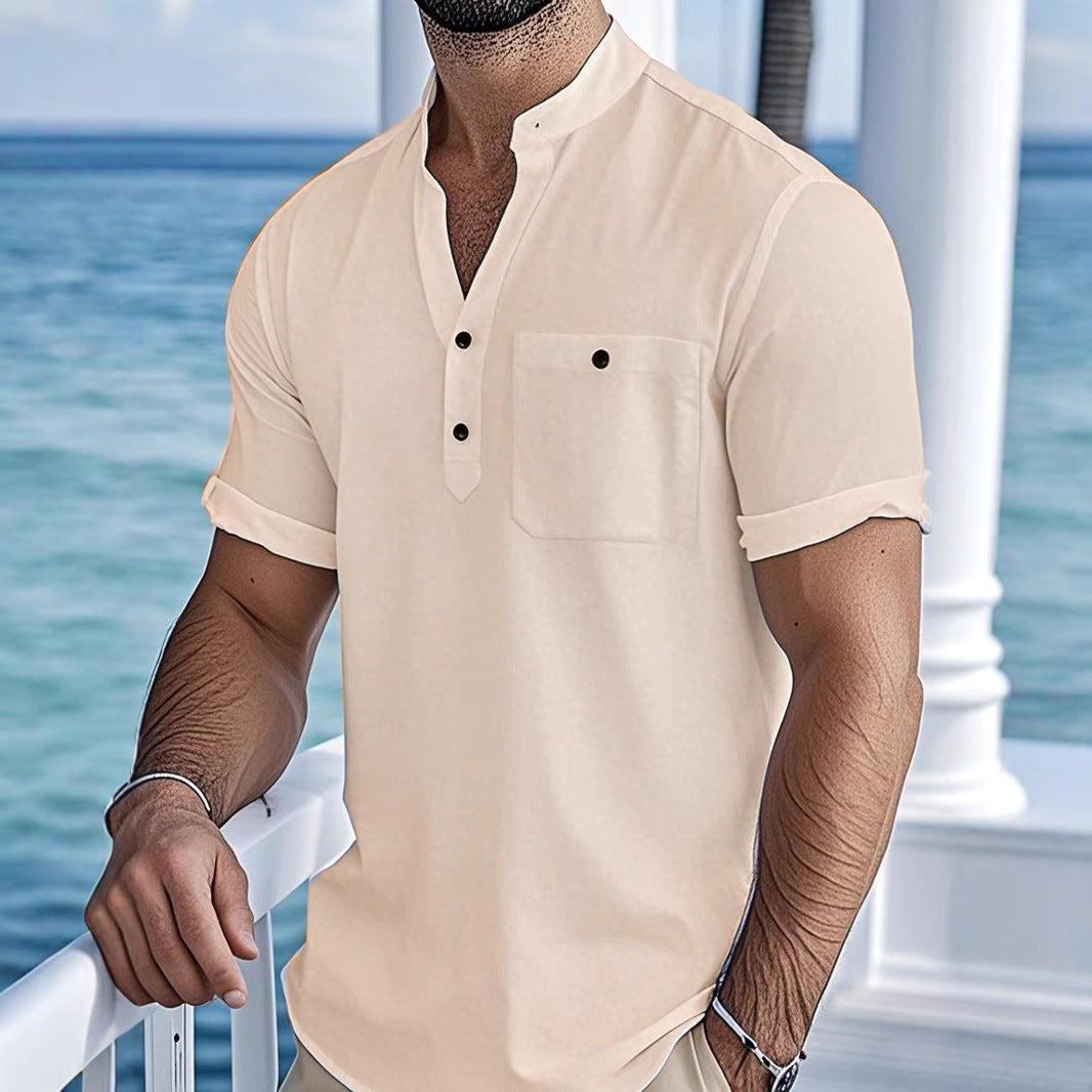 Herren Kurzarm-Hemd mit modernem Stehkragen und praktischer Brusttasche Aliams