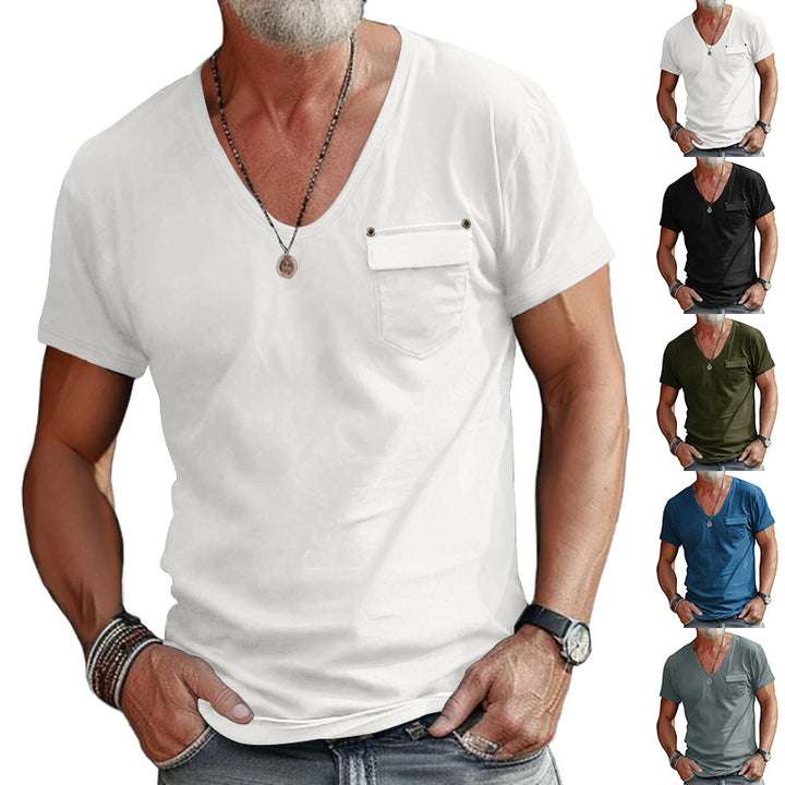 Herren V-Ausschnitt T-Shirt mit dekorativer Brusttasche und attraktiver Struktur Aliams