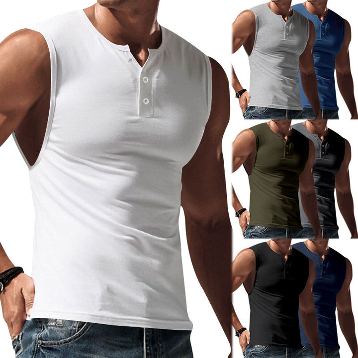 Herren ärmelloses Henley-T-Shirt aus weicher Baumwolle mit dekorativen Knöpfen Aliams