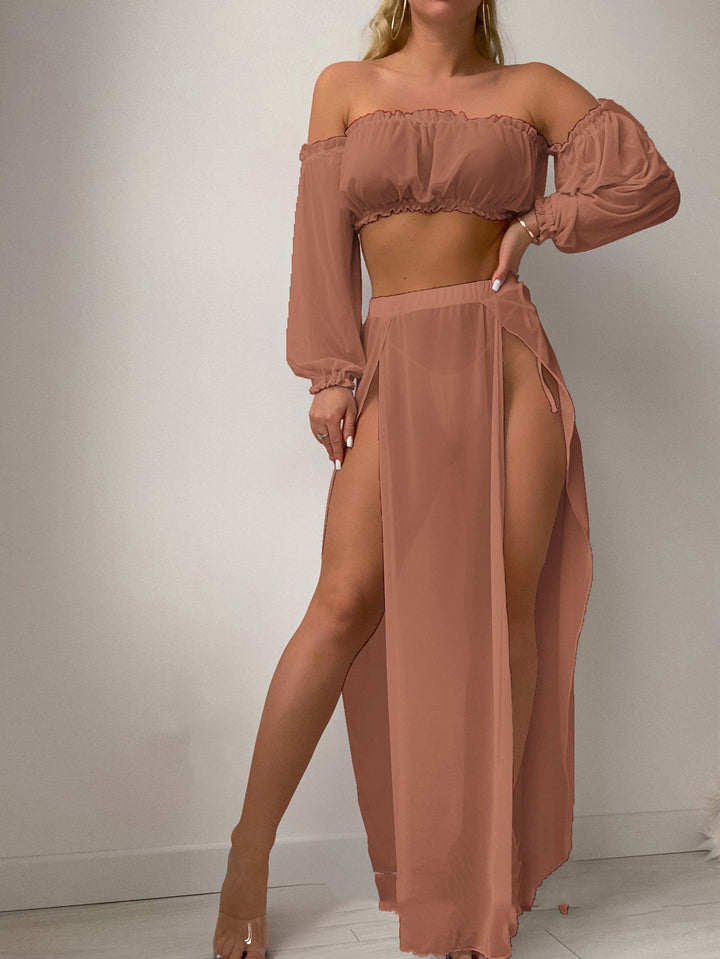 Damen Elegantes Strandkleid mit schulterfreiem Design und tiefen Seitenschlitzen Aliams