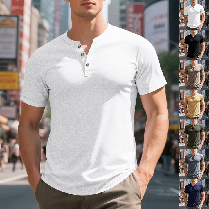 Herren Kurzarm-Henley-T-Shirt aus weicher Baumwolle mit dekorativer Knopfleiste Aliams