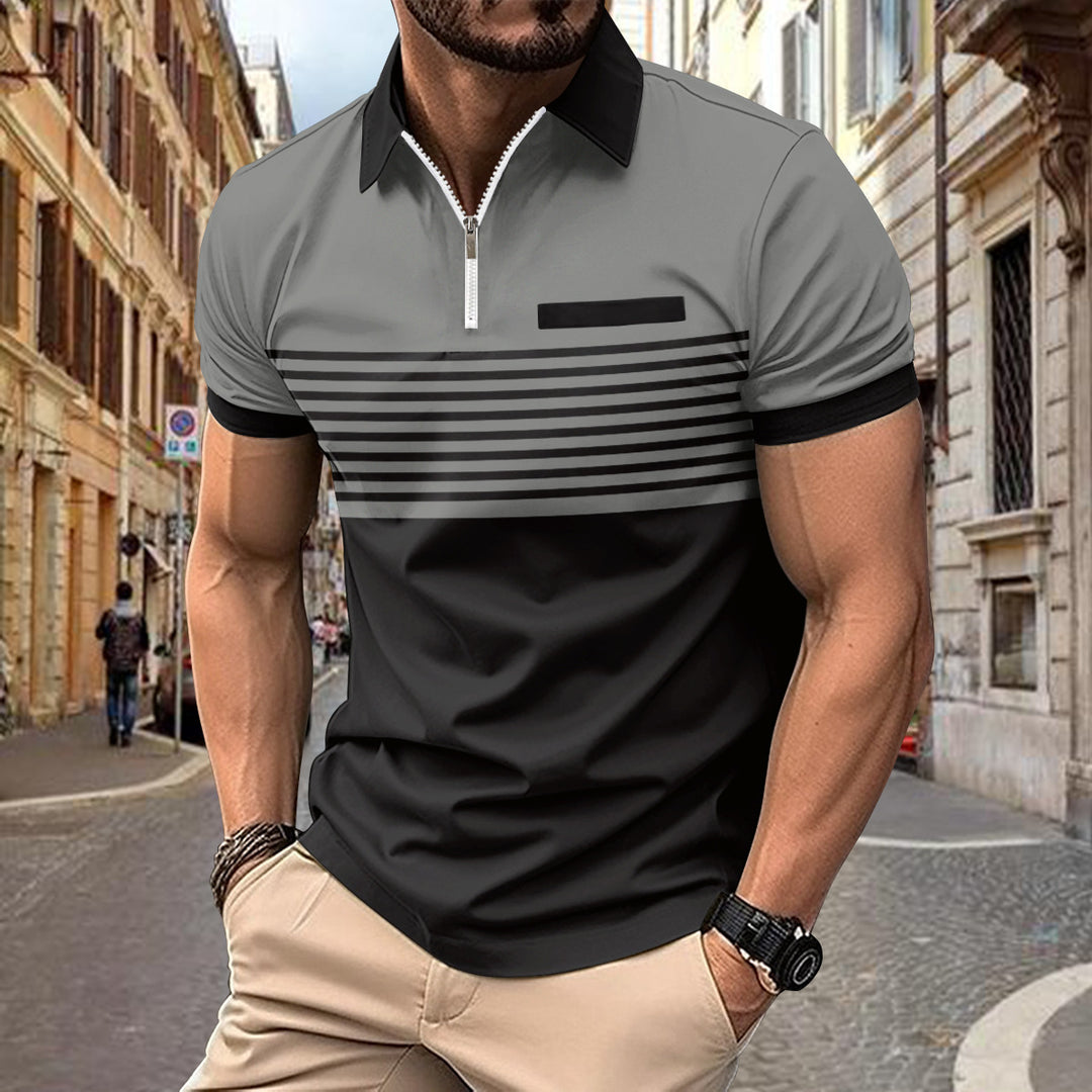 Herren Kurzarm Poloshirt mit elegantem Reißverschluss und modischem Streifenmuster Aliams