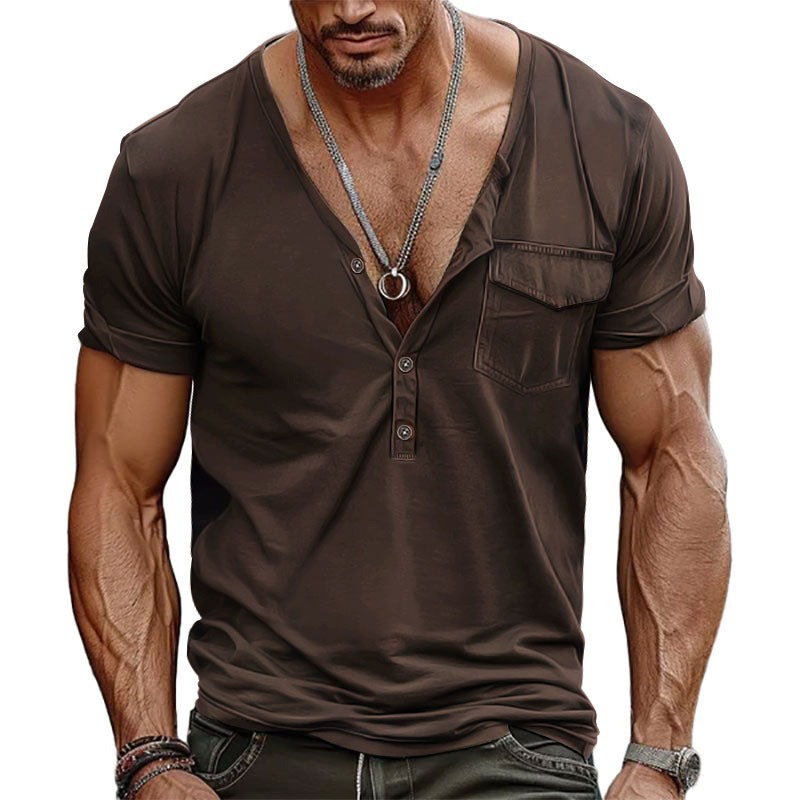 Herren Kurzarm-Henley-T-Shirt mit dekorativer Brusttasche und modernem Schnitt Aliams
