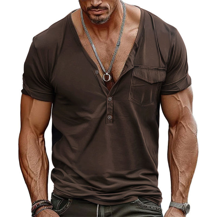 Herren Kurzarm-Henley-T-Shirt mit dekorativer Brusttasche und modernem Schnitt Aliams