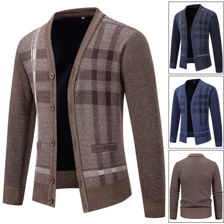 Herren stilvolle Strickjacke mit modernem Karomuster und praktischen Taschen Aliams