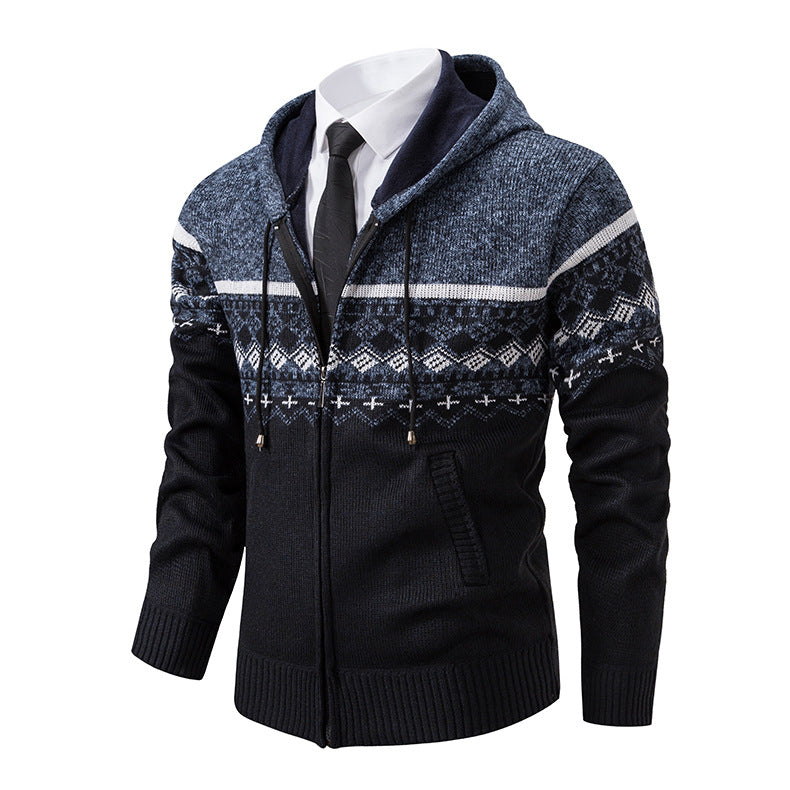 Herren stilvolle Strickjacke mit Kapuze und Norweger-Muster Aliams
