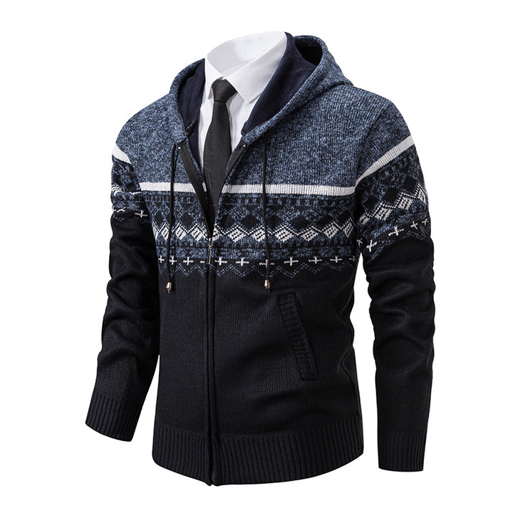 Herren stilvolle Strickjacke mit Kapuze und Norweger-Muster Aliams