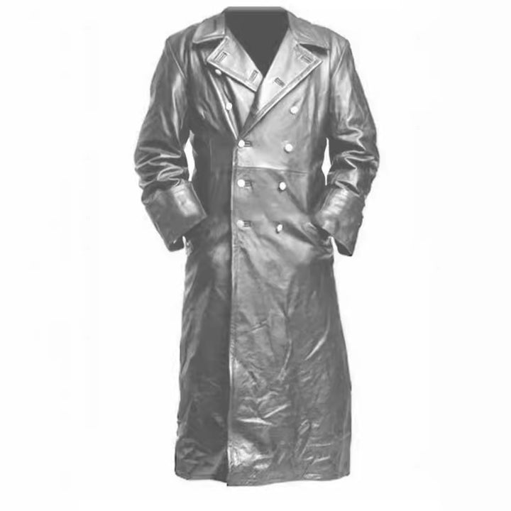 Herren Eleganter Leder-Trenchcoat mit doppelter Knopfreihe und modernem Schnitt Aliams