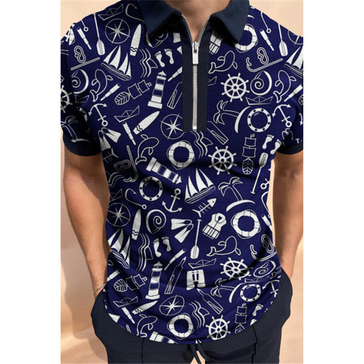 Herren Kurzarm Poloshirt mit maritimem Motiv und sportlichem Reißverschluss Aliams