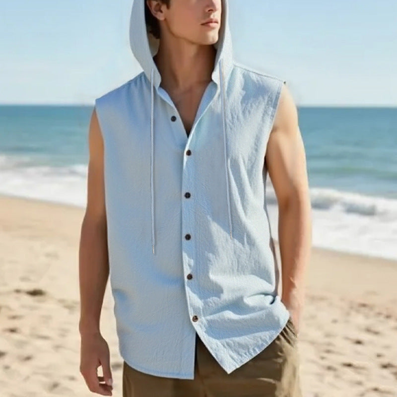 Herren ärmelloses Kapuzenshirt mit Knopfleiste und lässigem Schnitt Aliams