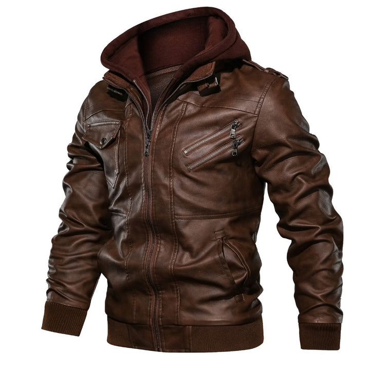 Herren Lederjacke mit abnehmbarem Kapuzenfutter und mehreren praktischen Taschen Aliams