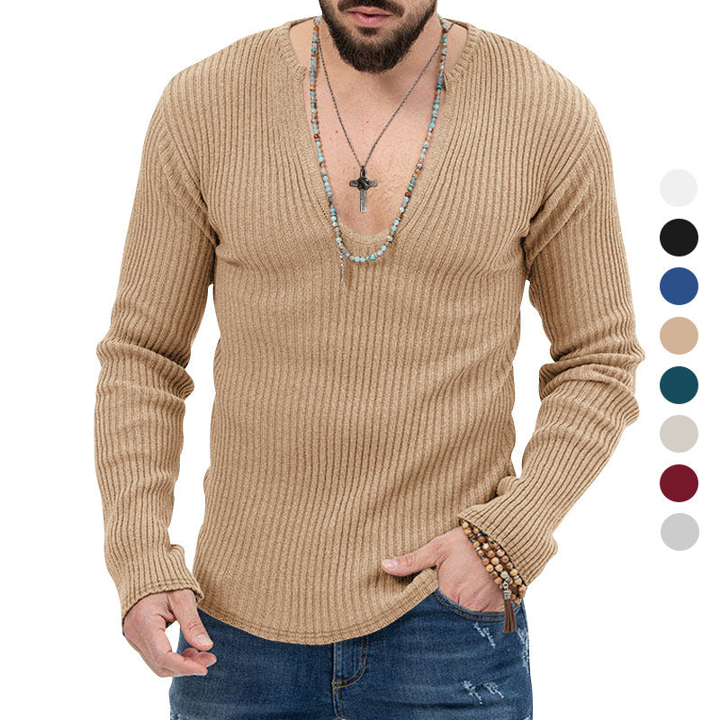 Herren elegantes Langarmshirt mit tiefem V-Ausschnitt und strukturiertem Gewebe Aliams