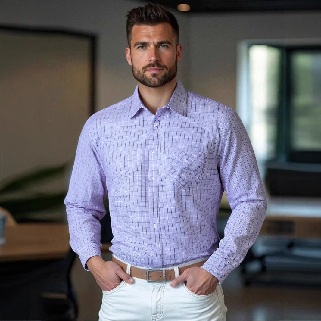 Herren klassisches kariertes Langarmhemd mit Brusttasche Aliams