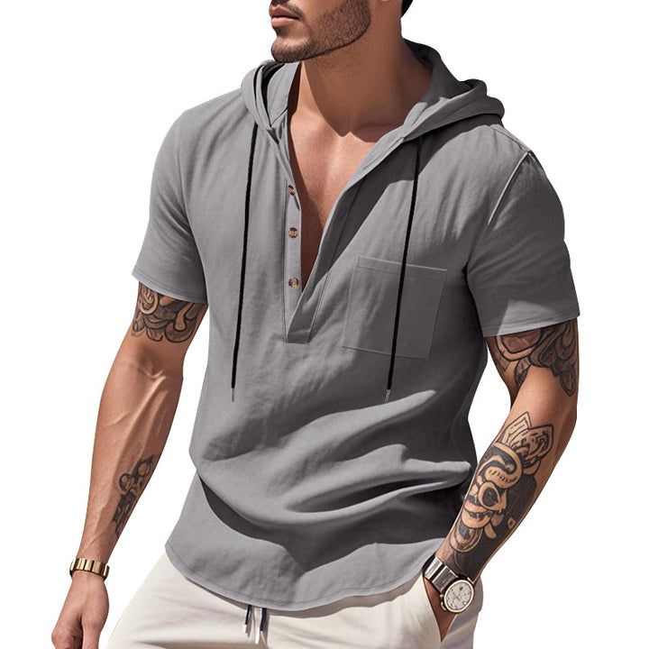 Herren Kurzarm-Henley-Shirt mit praktischer Kapuze und modischen Akzenten Aliams