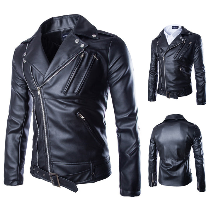 Herren elegante Biker-Lederjacke mit asymmetrischem Reißverschluss und funktionalen Taschen Aliams