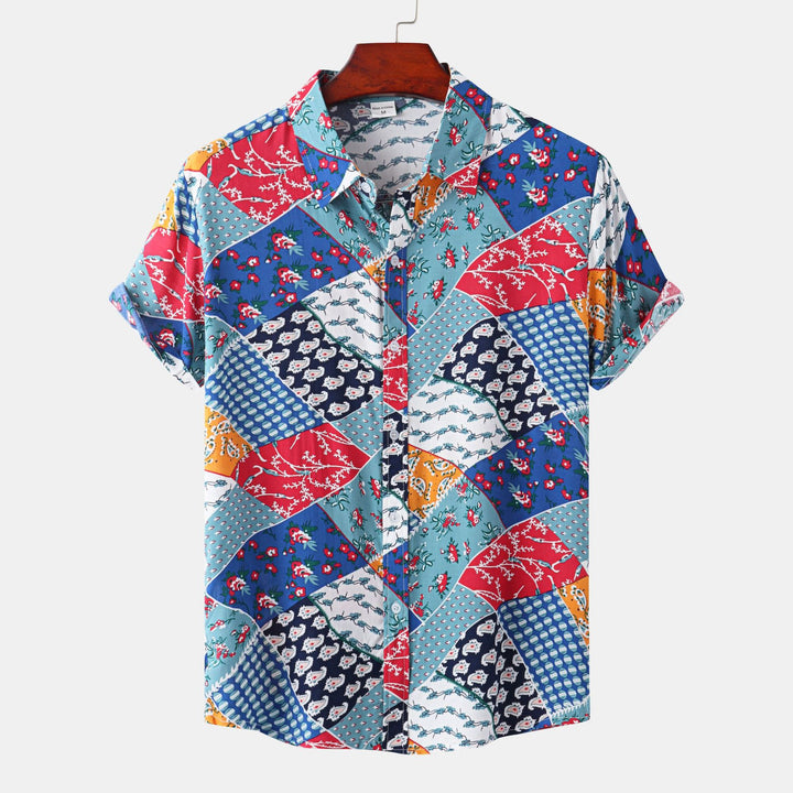 Herren Kurzarmhemd im kreativen Patchwork-Stil mit strukturierten Details Aliams