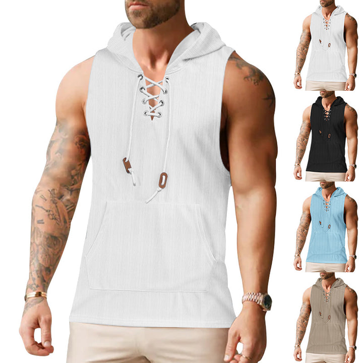 Herren ärmelloses Kapuzenshirt mit modischem Schnürdesign und praktischer Kängurutasche Aliams