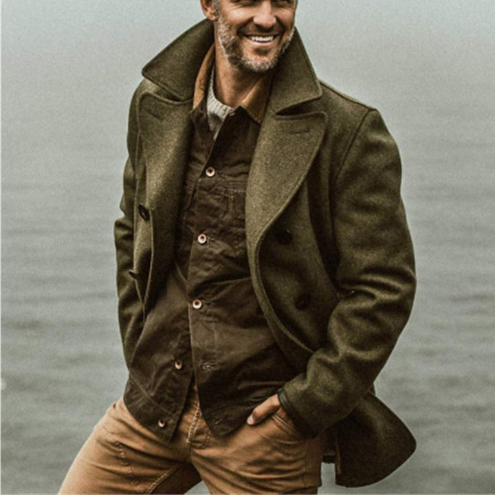 Herren eleganter Wollmantel mit doppelter Knopfleiste und hohem Kragen Aliams