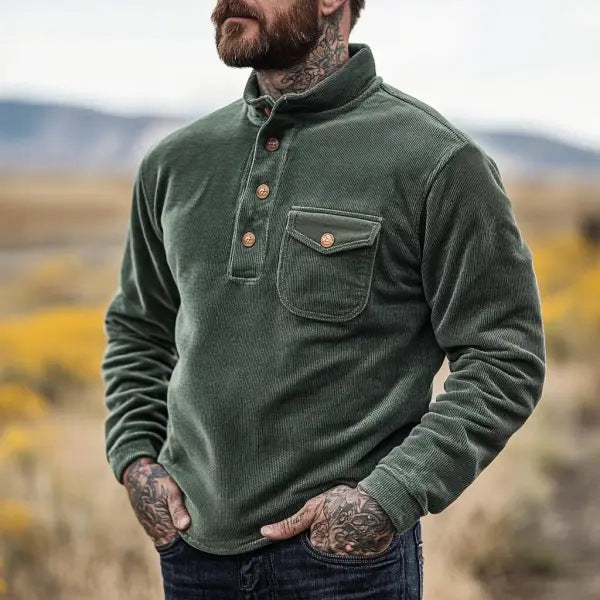 Herren Warmhaltendes Kord-Pullover mit Knopfleiste und Brusttasche Aliams