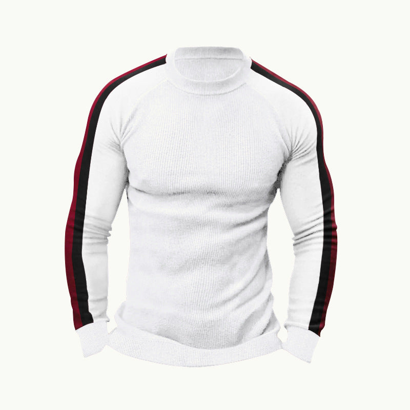 Herren sportlicher Strickpullover mit kontrastierenden Ärmeln und hohem Kragen Aliams
