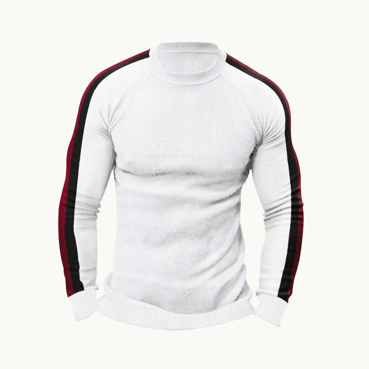 Herren sportlicher Strickpullover mit kontrastierenden Ärmeln und hohem Kragen Aliams