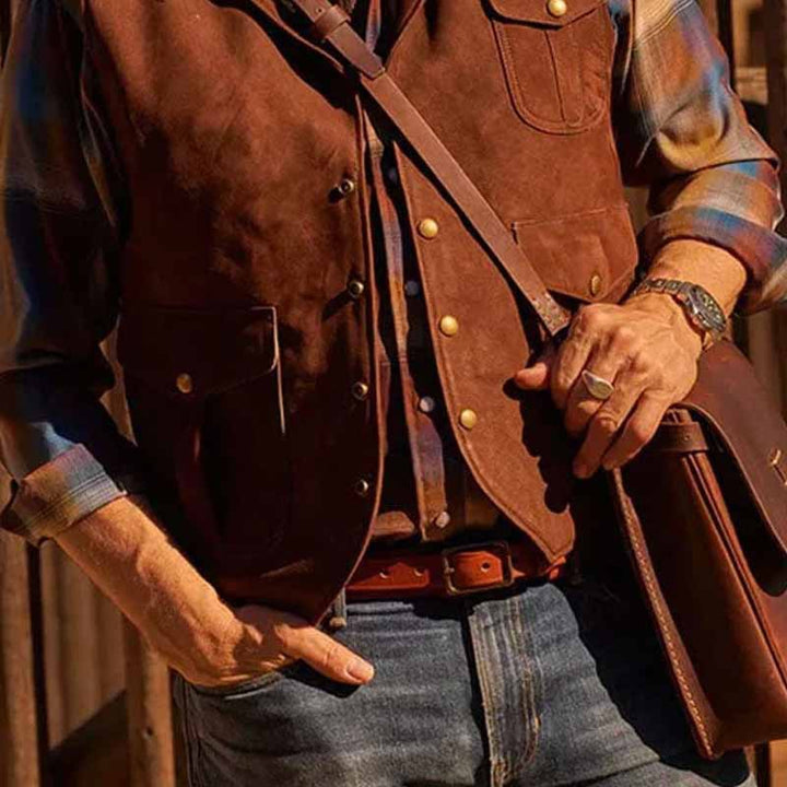 Herren Premium Wildlederweste mit funktionalen Taschen und klassischem Schnitt Aliams