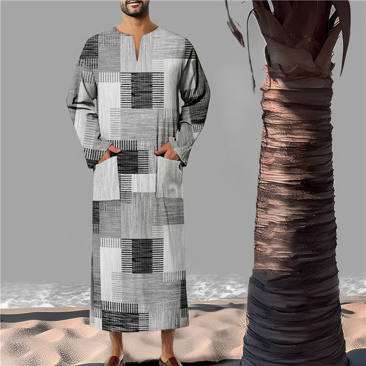 Herren Baumwoll-Kaftan mit modernem geometrischem Muster und praktischen Taschen Aliams