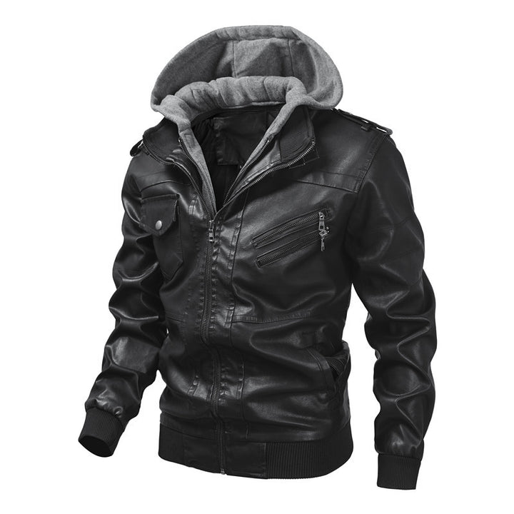 Herren Kunstlederjacke mit abnehmbarer Kapuze und Multifunktions-Taschen Aliams
