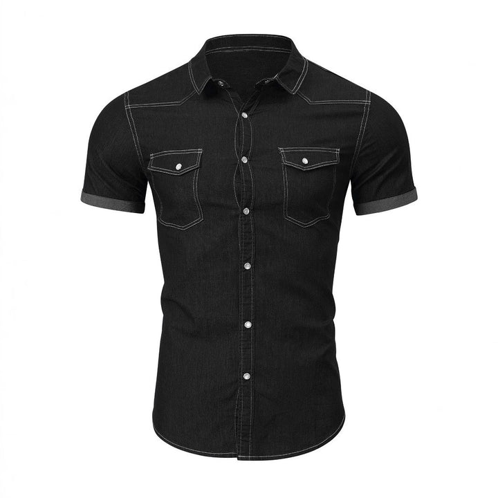 Herren Kurzarm Denimhemd mit doppelten Brusttaschen Aliams