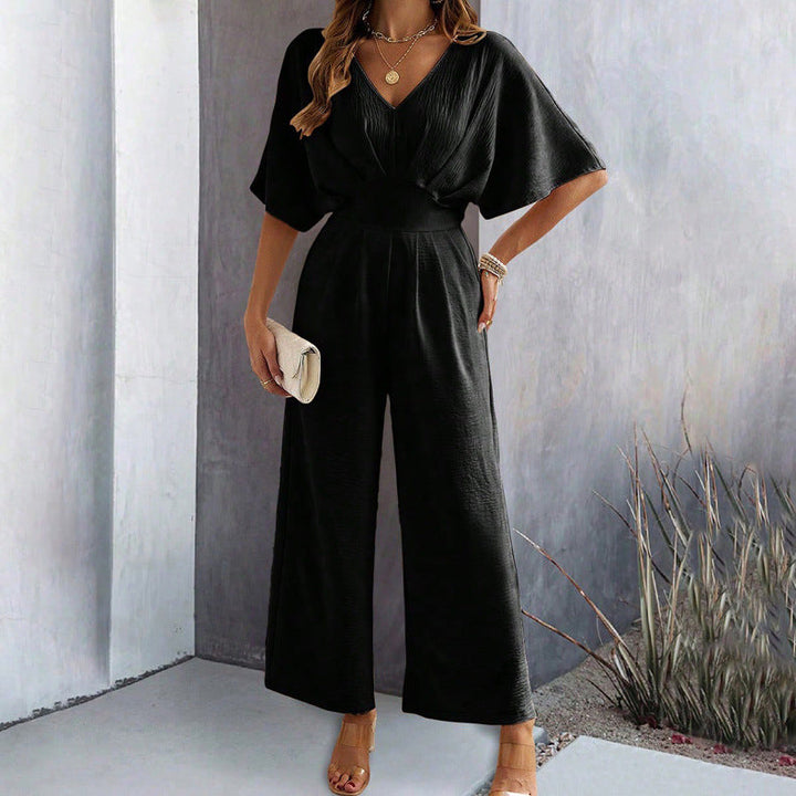 Damen Weit Geschnittener Jumpsuit mit Eleganten Drapierungen und V-Ausschnitt Aliams