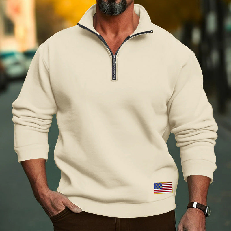 Herren Fleece-Pullover mit halbem Reißverschluss und Flaggenapplikation Aliams