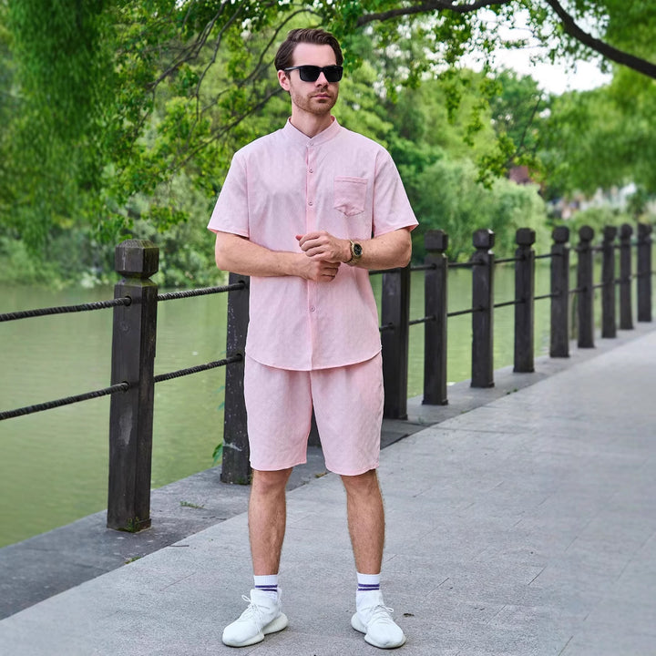 Herren Kurzarm-Hemd und Shorts Set mit modernem Stehkragen und atmungsaktiver Struktur Aliams