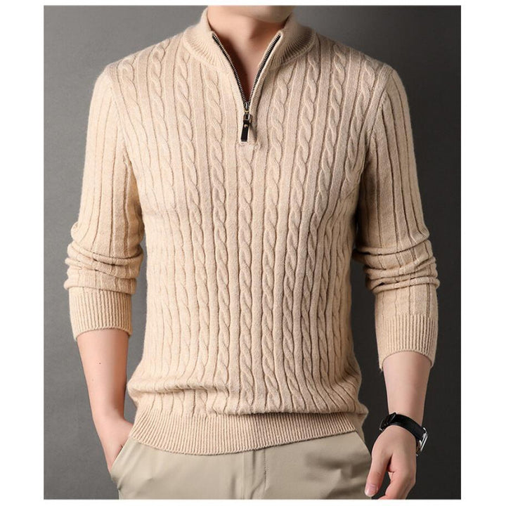 Herren eleganter Strickpullover mit halbem Reißverschluss und Kabelmuster Aliams