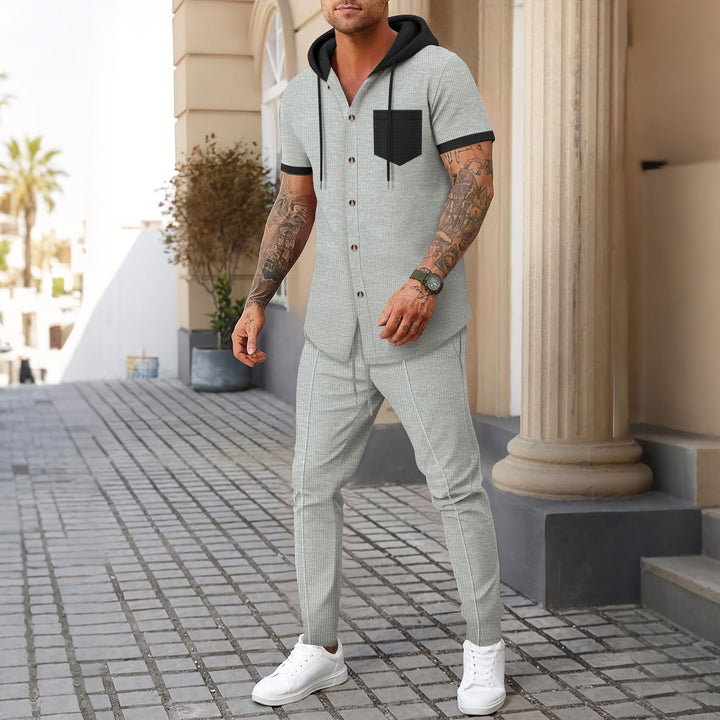 Herren Freizeit Outfit mit Kurzarm-Hemd und lässiger Hose mit Kapuze Aliams