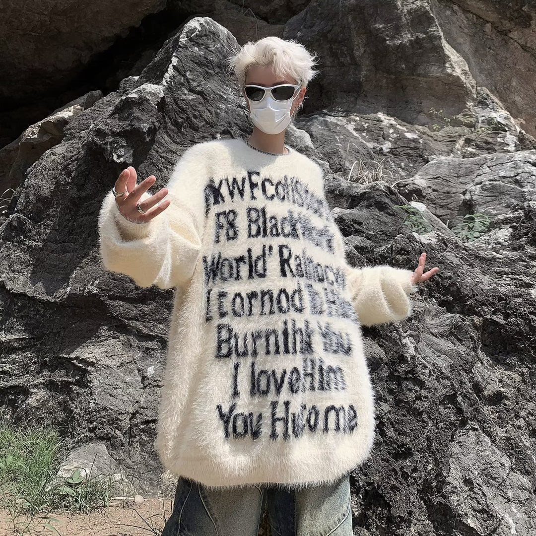 Unisex Oversized Strickpullover mit kreativem Schriftzug und gemütlichem Schnitt Aliams
