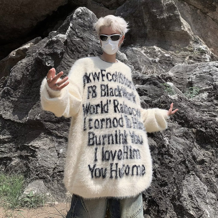 Unisex Oversized Strickpullover mit kreativem Schriftzug und gemütlichem Schnitt Aliams