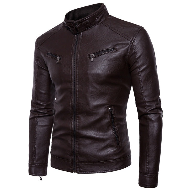 Herren elegante Kunstleder-Motorradjacke mit Stehkragen Aliams