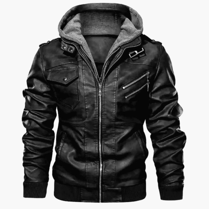 Herren Kunstlederjacke mit abnehmbarer Kapuze und stylischen Taschen Aliams