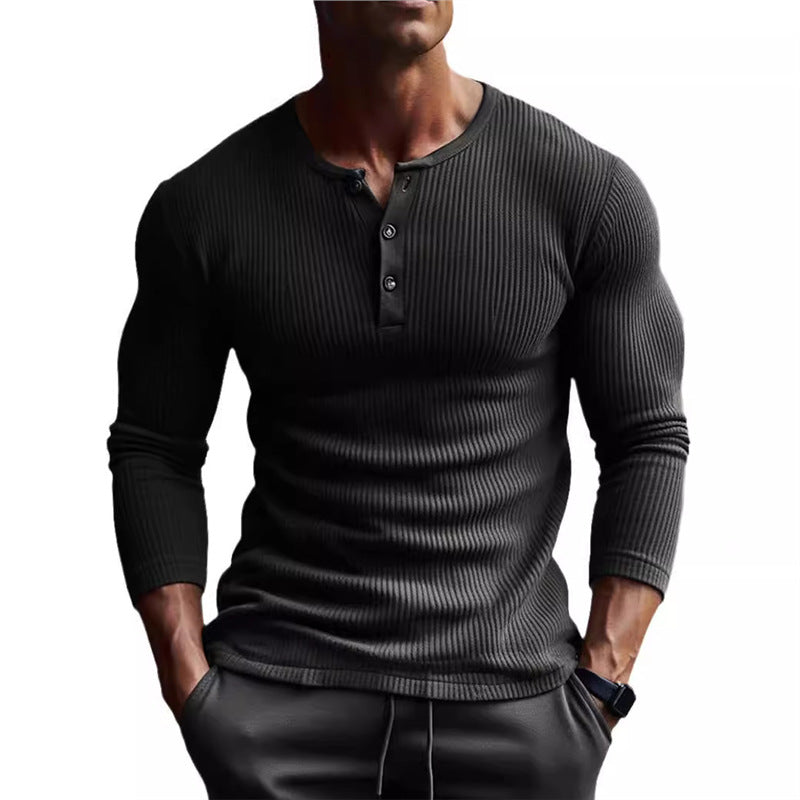 Herren eng anliegendes Langarmshirt mit Rippstruktur und Knopfleiste Aliams