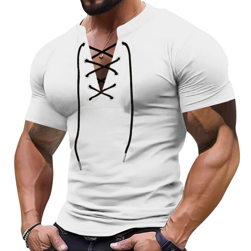 Herren Kurzarm-Henley-Shirt mit modischem Schnürdesign und körperbetonter Passform Aliams