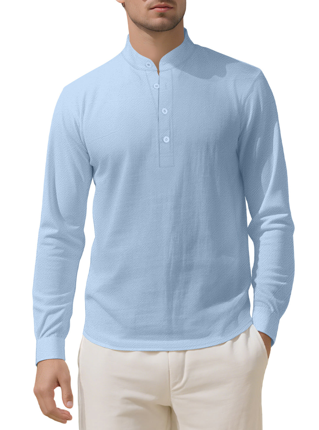 Herren Elegantes Langarmhemd mit Stehkragen und Knopfleiste Aliams