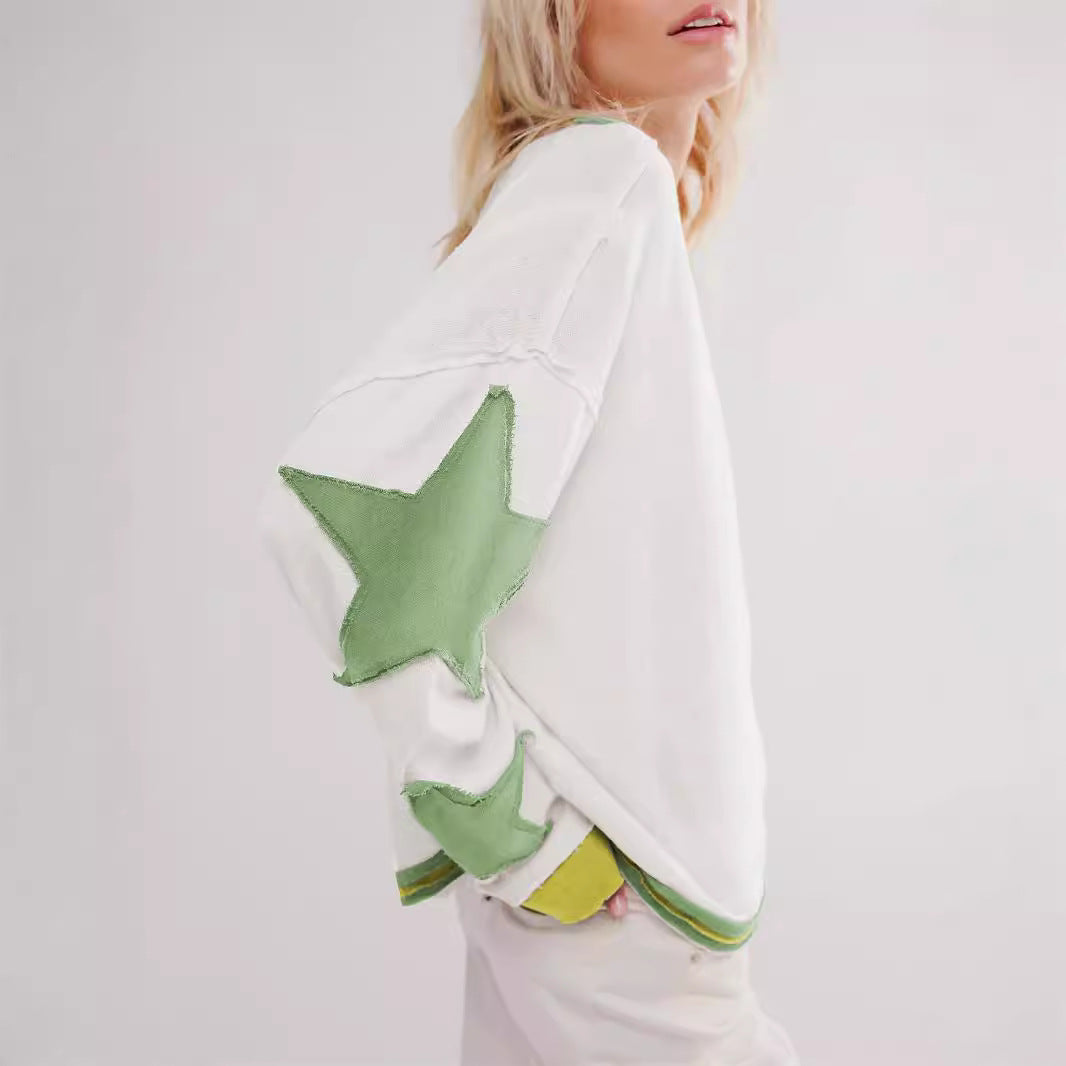 Damen Lässiger Sweatshirt mit Gestreiftem Design und Sternenapplikationen Aliams