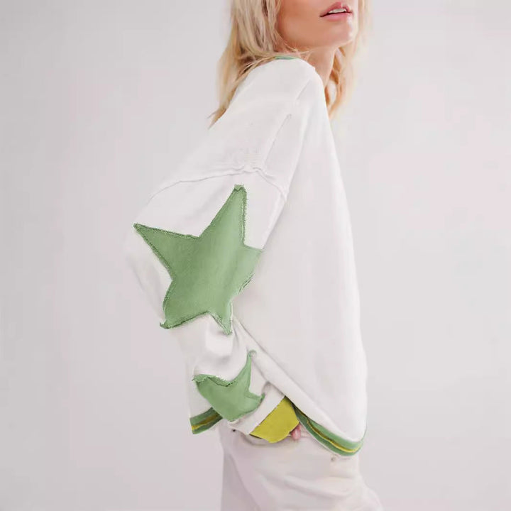 Damen Lässiger Sweatshirt mit Gestreiftem Design und Sternenapplikationen Aliams